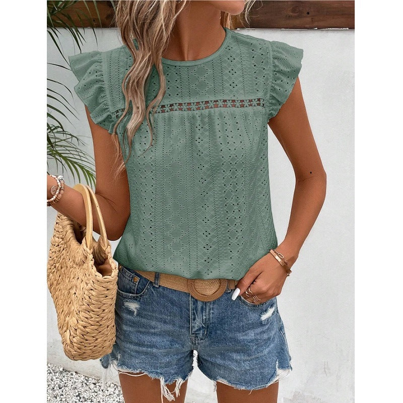 White Eyelet Lace Ruffle Sleeve Summer Blouse Women