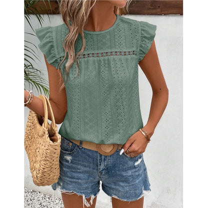 White Eyelet Lace Ruffle Sleeve Summer Blouse Women
