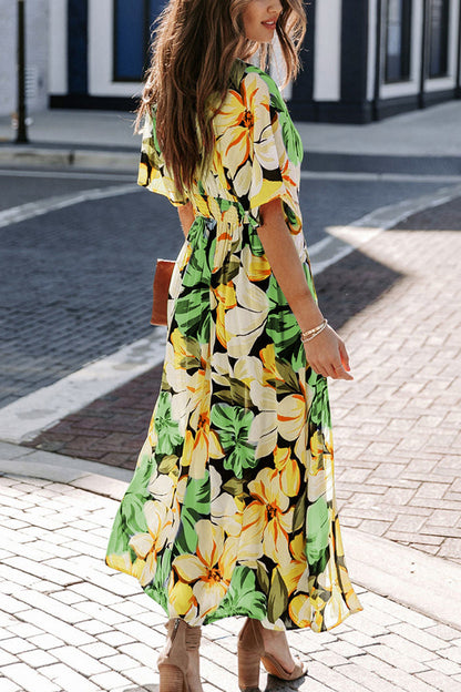 Floral V Neck High Waist Split Midi Dress Boho