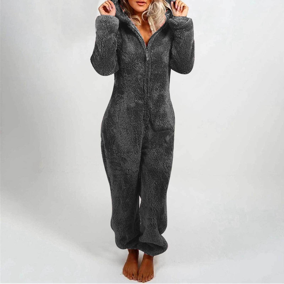 Women Sherpa Fleece Hooded Zip Up Jumpsuit