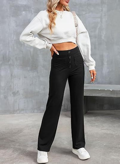 Women's High Waisted Straight Leg Pants with Pockets