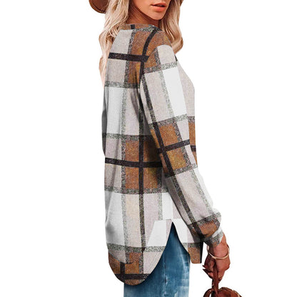 Women's Oversized Plaid Long Sleeve Tunic Top Curved Hem