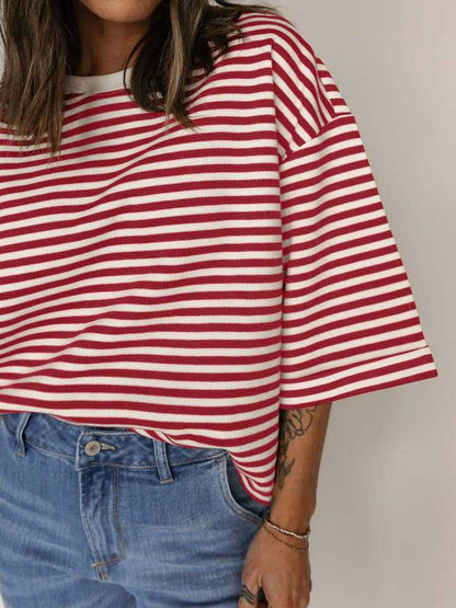 Blue Striped Knit Back Bow Open Back Top Women