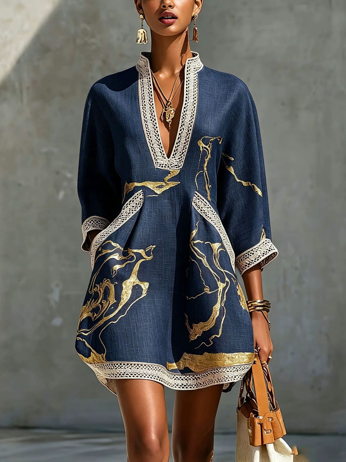 Women's V-Neck Lace Gold Metallic Mini Dress 3/4 Sleeve