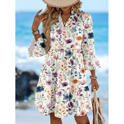 Boho V-Neck Tiered Midi Dress Floral A-Line Summer