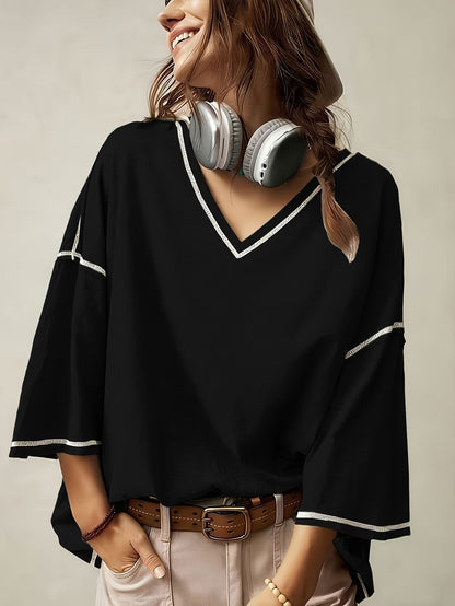 Women's Oversized V-Neck Batwing Sleeve Casual Top