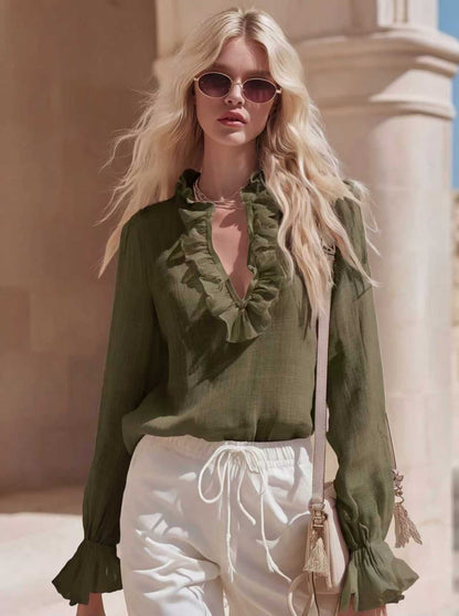 Women's Ruffle V Neck Blouse Bell Sleeve Chiffon Top