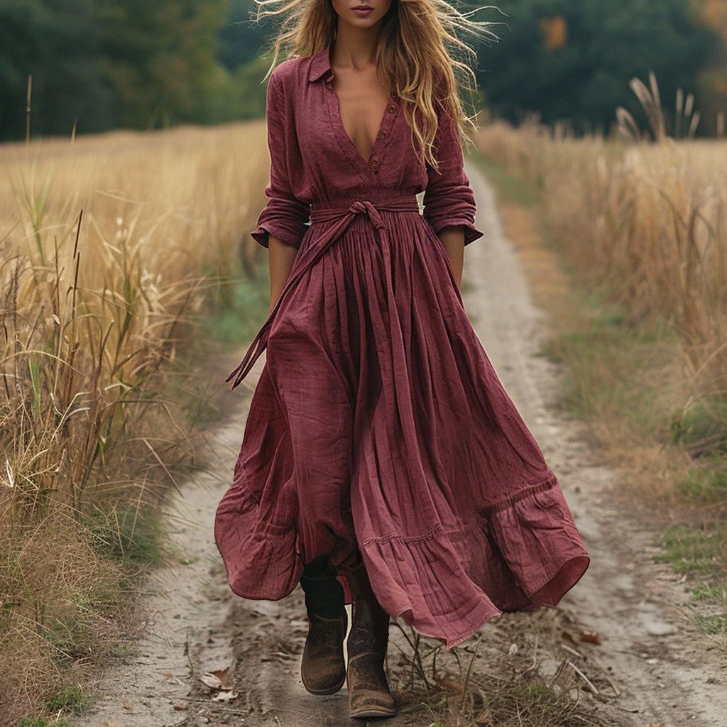 Boho Cotton Linen Maxi Shirt Dress Long Sleeve Button Down