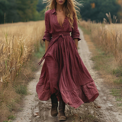 Boho Cotton Linen Maxi Shirt Dress Long Sleeve Button Down