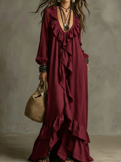 Women's Boho Ruffle V-Neck Sleeveless Maxi Dress