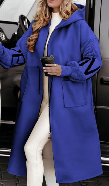 Women's Hooded Long Patchwork Knit Sleeve Jacket