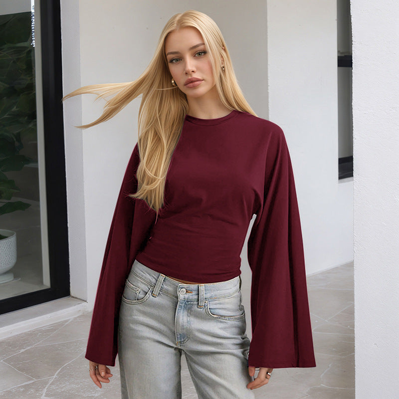 Women's Crew Neck Bell Sleeve Cinched Waist Long Sleeve Top