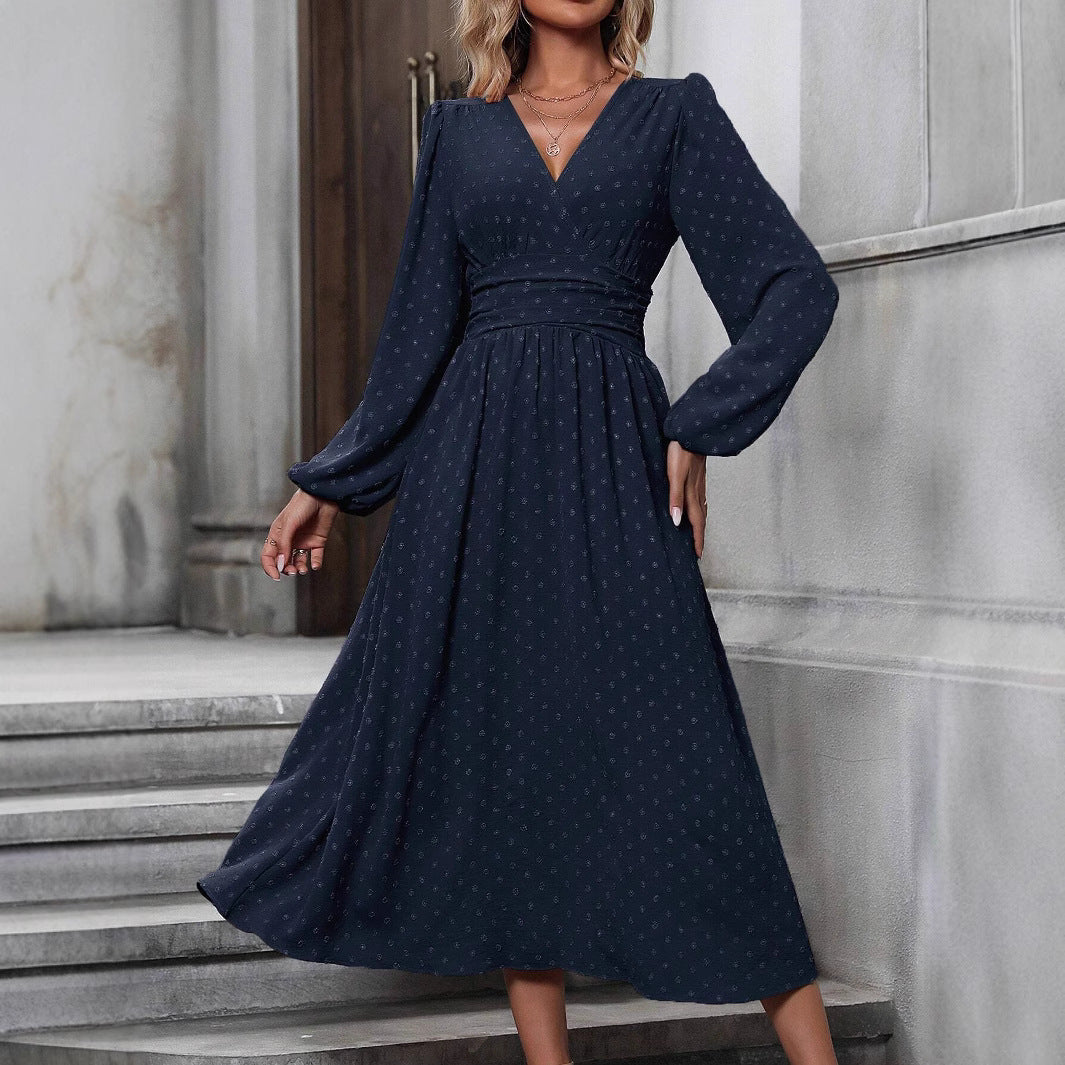 V-Neck Balloon Sleeve Maxi Dress Smocked High Waist A-Line