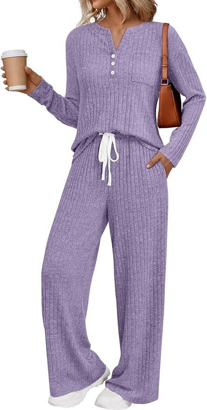 Women's Ribbed Henley Lounge Set Wide Leg Pants 2Pc