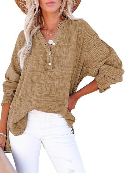 Womens Cotton Textured Long Sleeve Button Blouse
