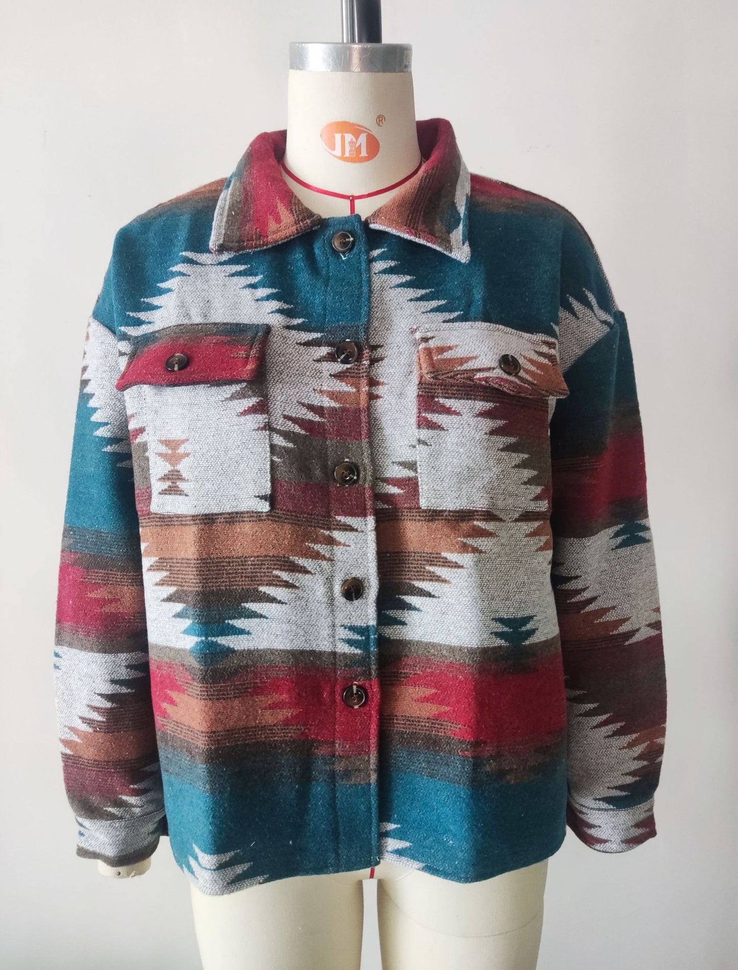 Women's Aztec Shacket Oversized Button Front Jacket
