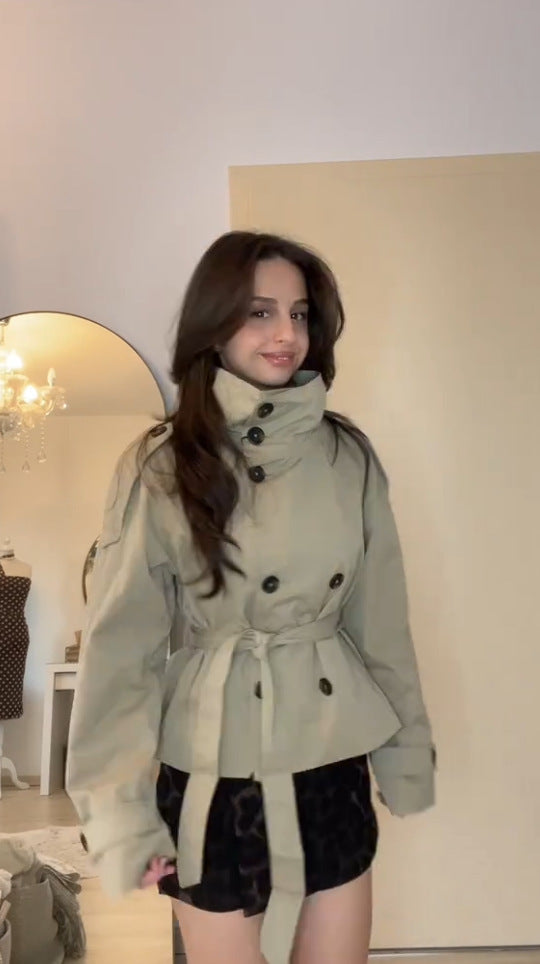 Women's Belted Double Breasted Cropped Trench Coat