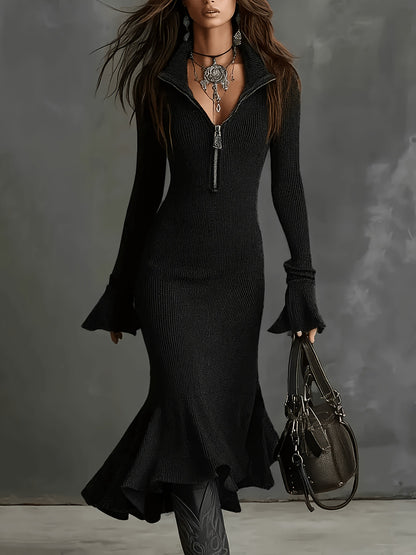 Sexy Zip Front Bell Sleeve Bodycon Mermaid Dress