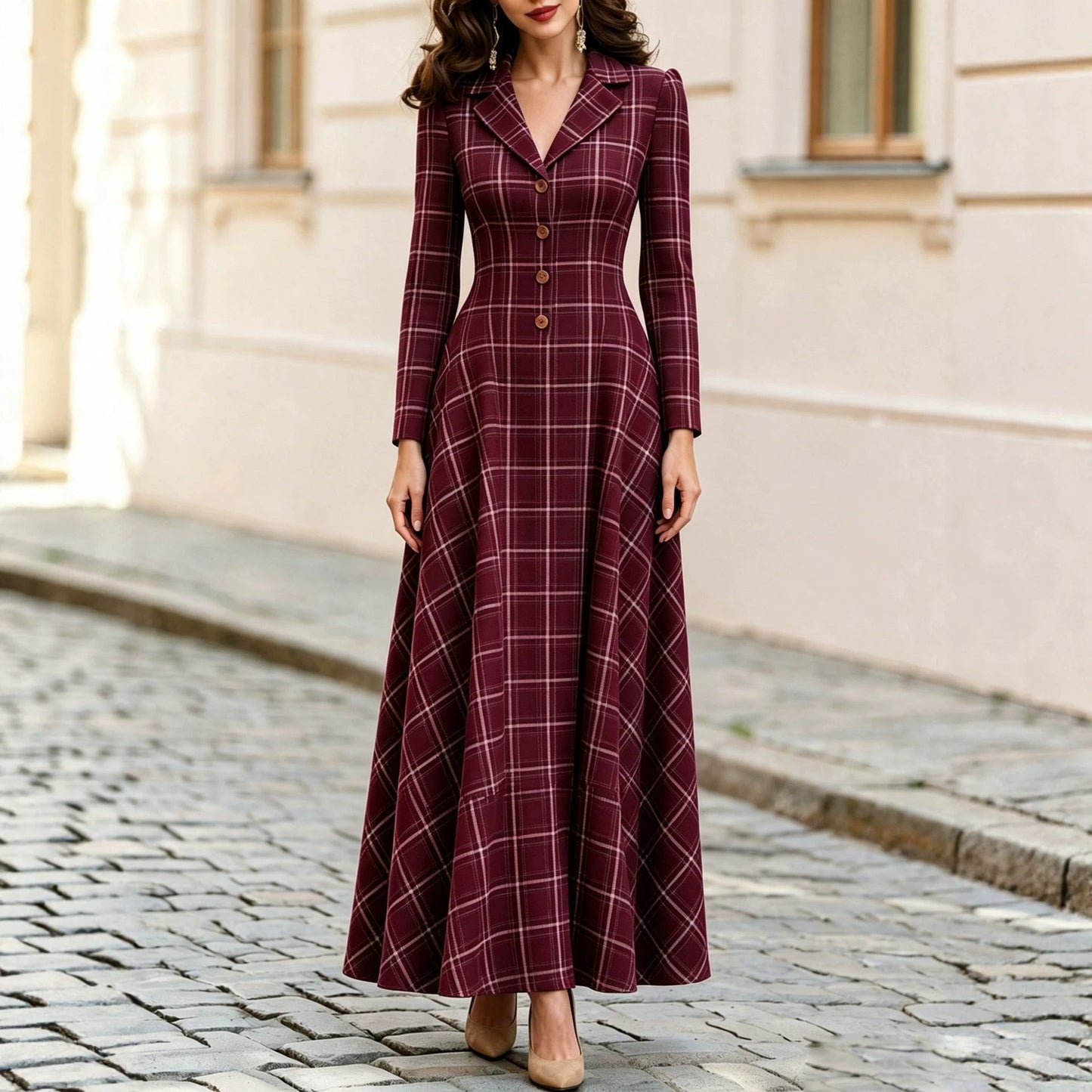 Elegant Plaid Blazer Dress Maxi Long Sleeve Button Front