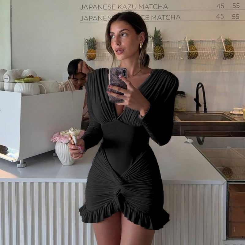 Sexy Ruched V Neck Long Sleeve Bodycon Mini Dress