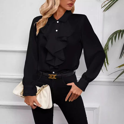 Womens Layered Ruffle Collared Long Sleeve Work Blouse