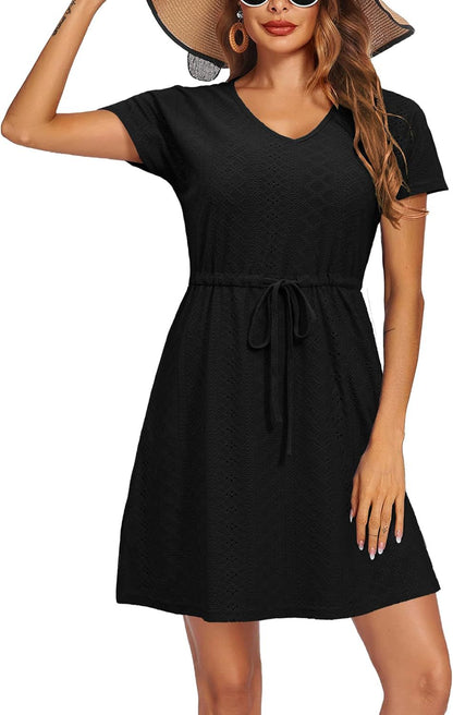 Short Sleeve A-Line Cover Up Dress with Hollow Detail