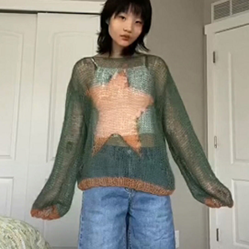 Y2K Mohair Star Sweater Oversized Fuzzy Crewneck Women