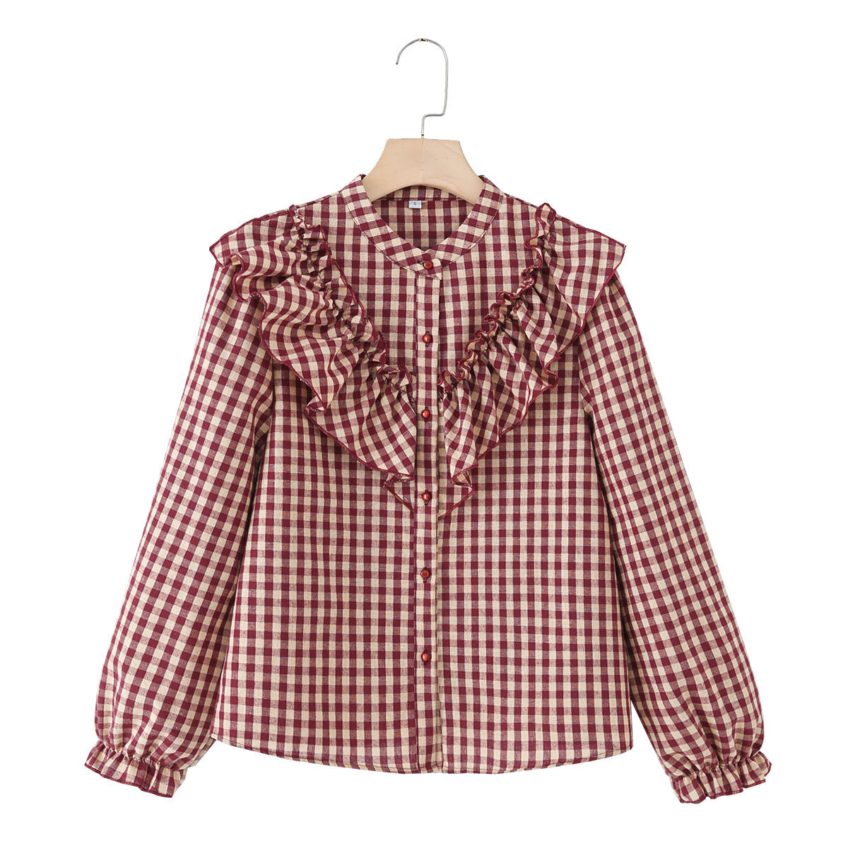 Vintage Gingham Ruffle Cotton Blouse Balloon Sleeve
