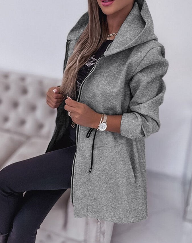 Women's Hooded Drawstring Waist Zip Up Mid Length Jacket