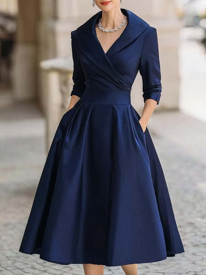 Satin Wrap Dress Long Sleeve Midi A-Line Cocktail