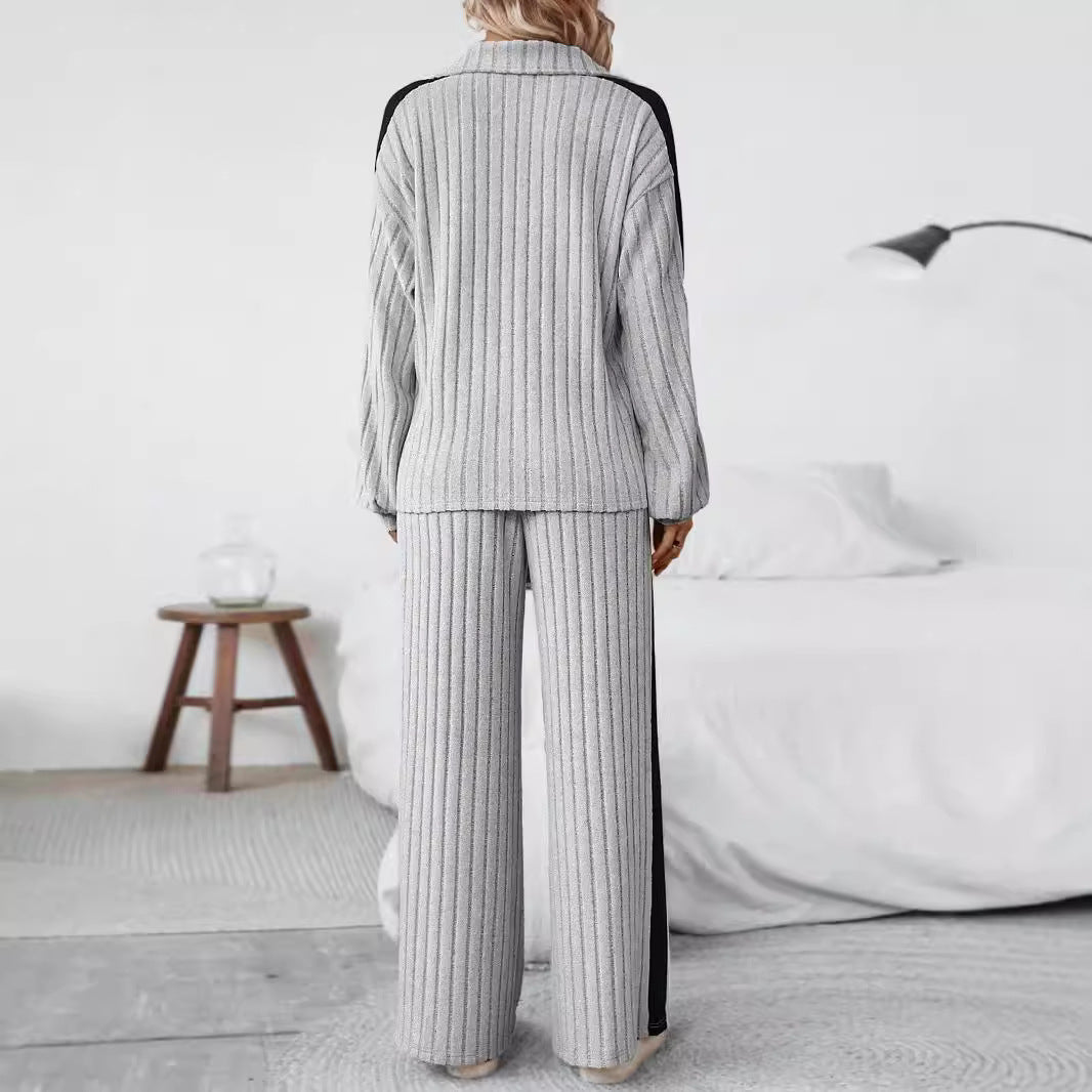 Plus Size Ribbed Half Zip Sweatshirt Wide Leg Pants Set