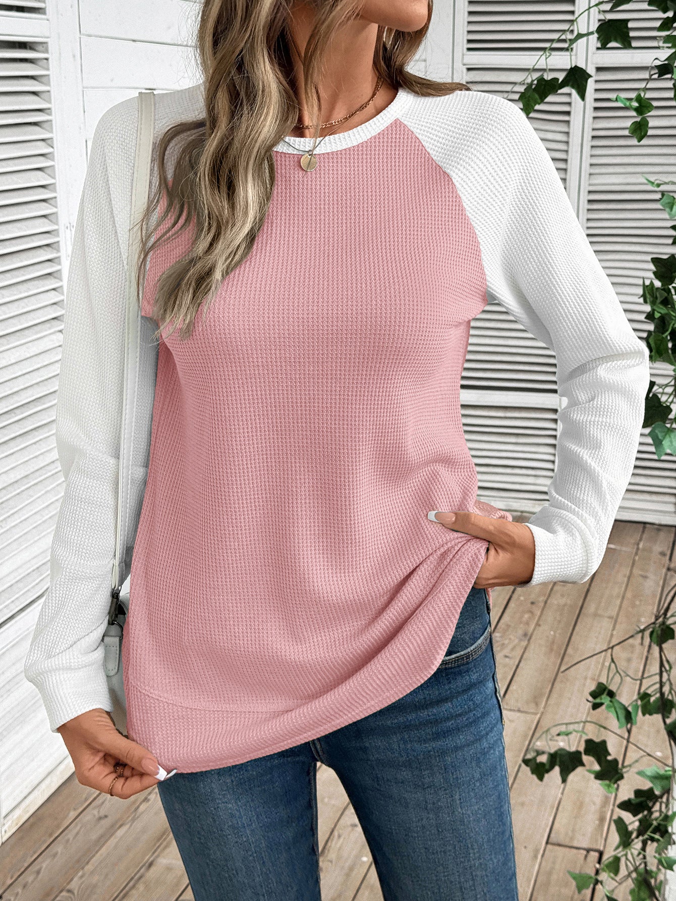Colorblock Waffle Knit Long Sleeve Top Women Casual Tee