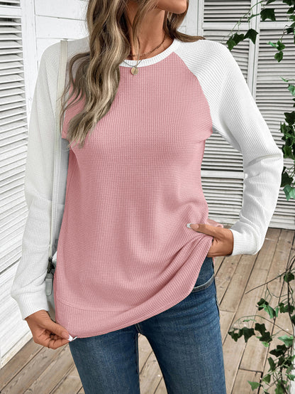 Colorblock Waffle Knit Long Sleeve Top Women Casual Tee