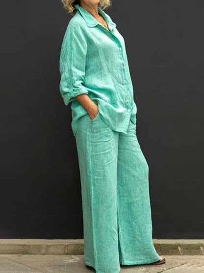 Women's Cotton Linen Shirt & Wide Leg Pants Matching Set