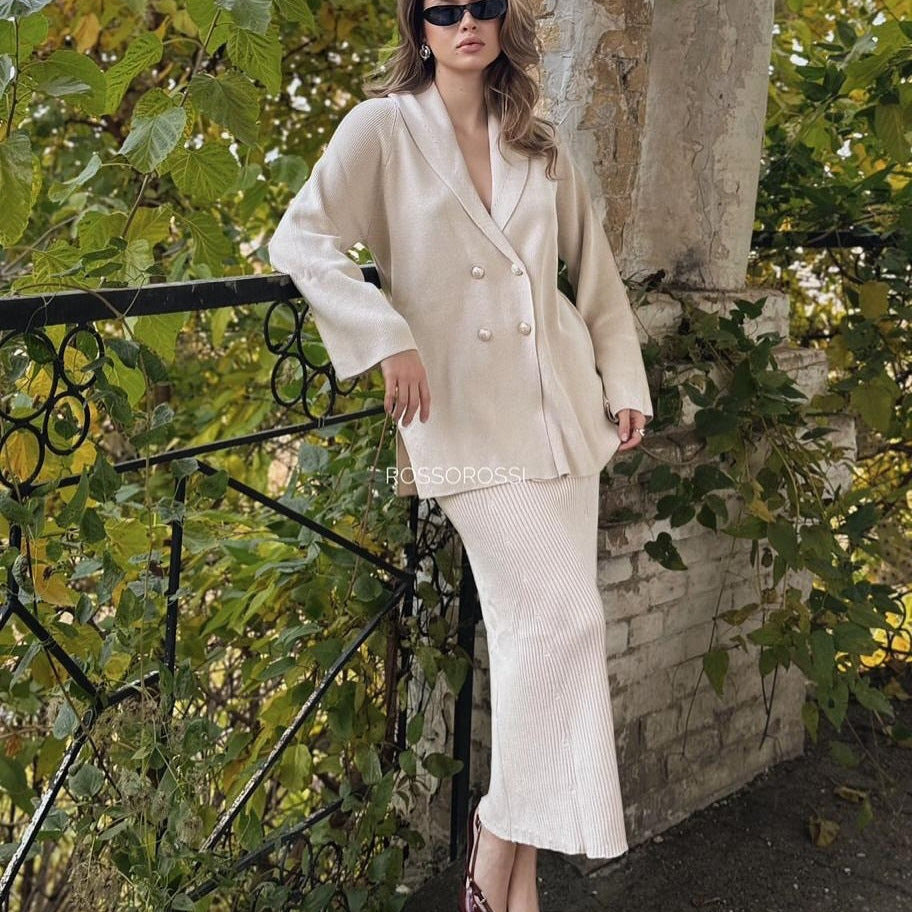 Elegant Two Piece Button Cardigan Maxi Skirt Set