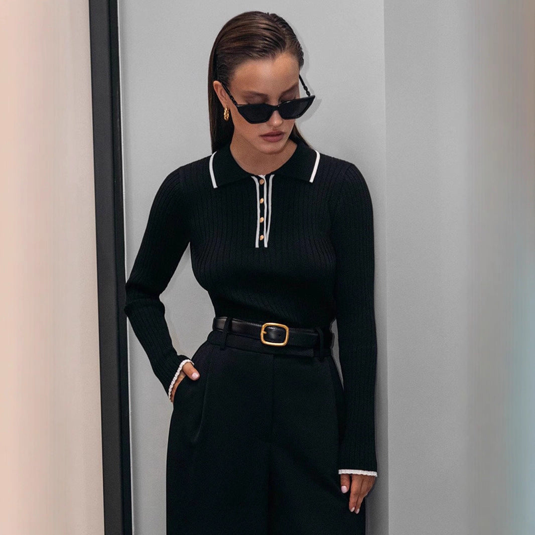 Women's Polo Collar Ribbed Long Sleeve Crop Sweater