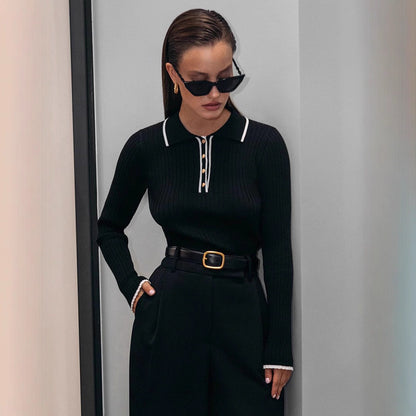 Women's Polo Collar Ribbed Long Sleeve Crop Sweater