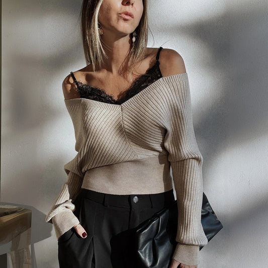 Women's Ribbed Bardot Crop Top Long Sleeve Fitted