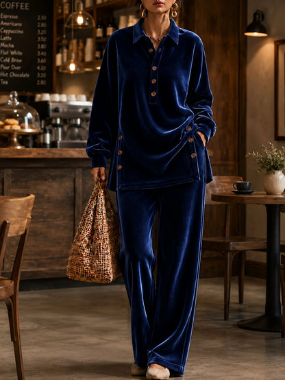 Women's Velvet Lounge Set Button Top & Wide Leg Pants