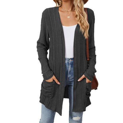 Women's Long Sleeve Ribbed Open Front Cardigan Pockets