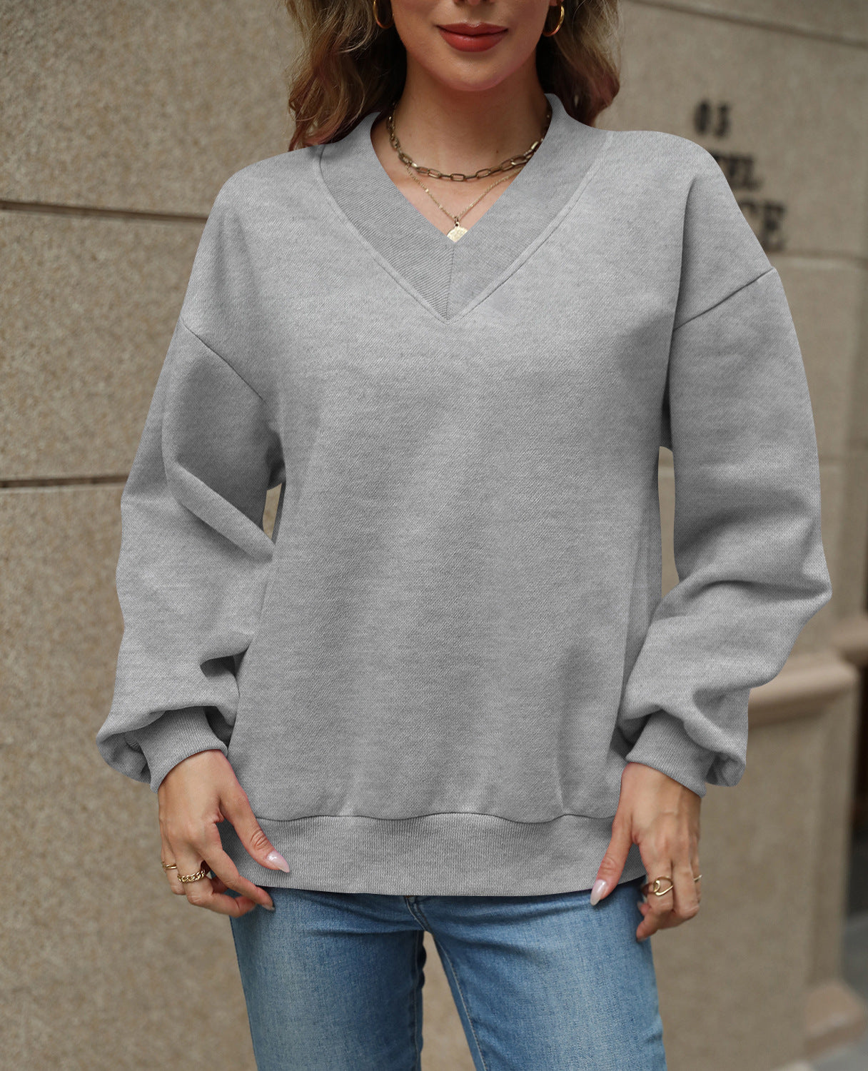Colorblock V Neck Fleece Sweatshirt Women Casual Pullover Top