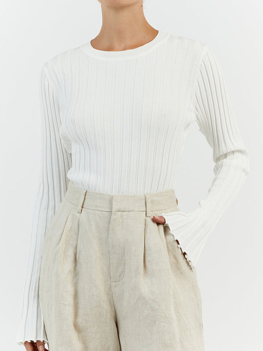 Women's Ribbed Crew Neck Long Sleeve Fitted Sweater