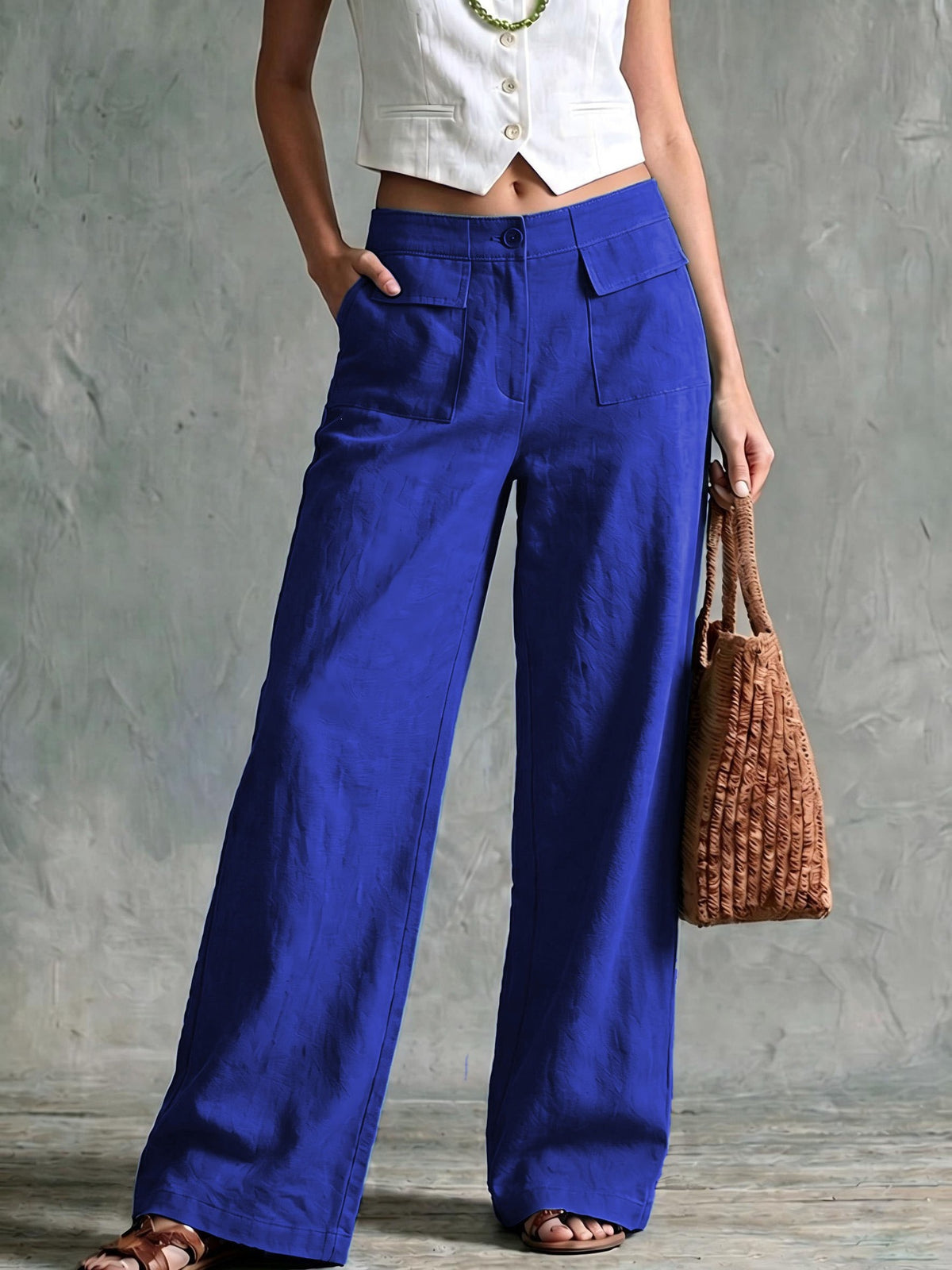 Women Cotton Linen High Waisted Wide Leg Casual Pants