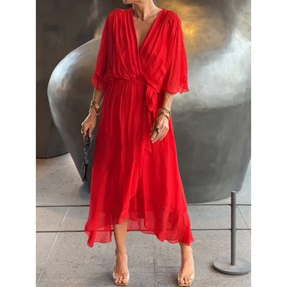 Women's V-Neck Batwing Chiffon Midi Dress Tie Waist Flowy
