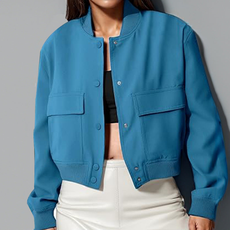 Women's Cropped Utility Jacket Stand Collar Button Front
