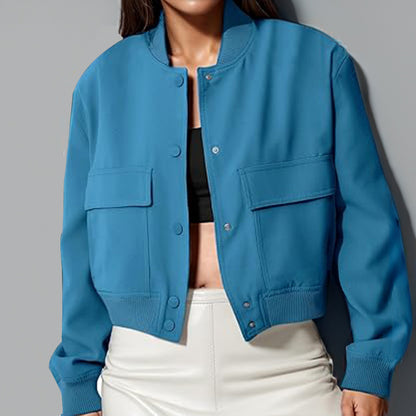 Women's Cropped Utility Jacket Stand Collar Button Front