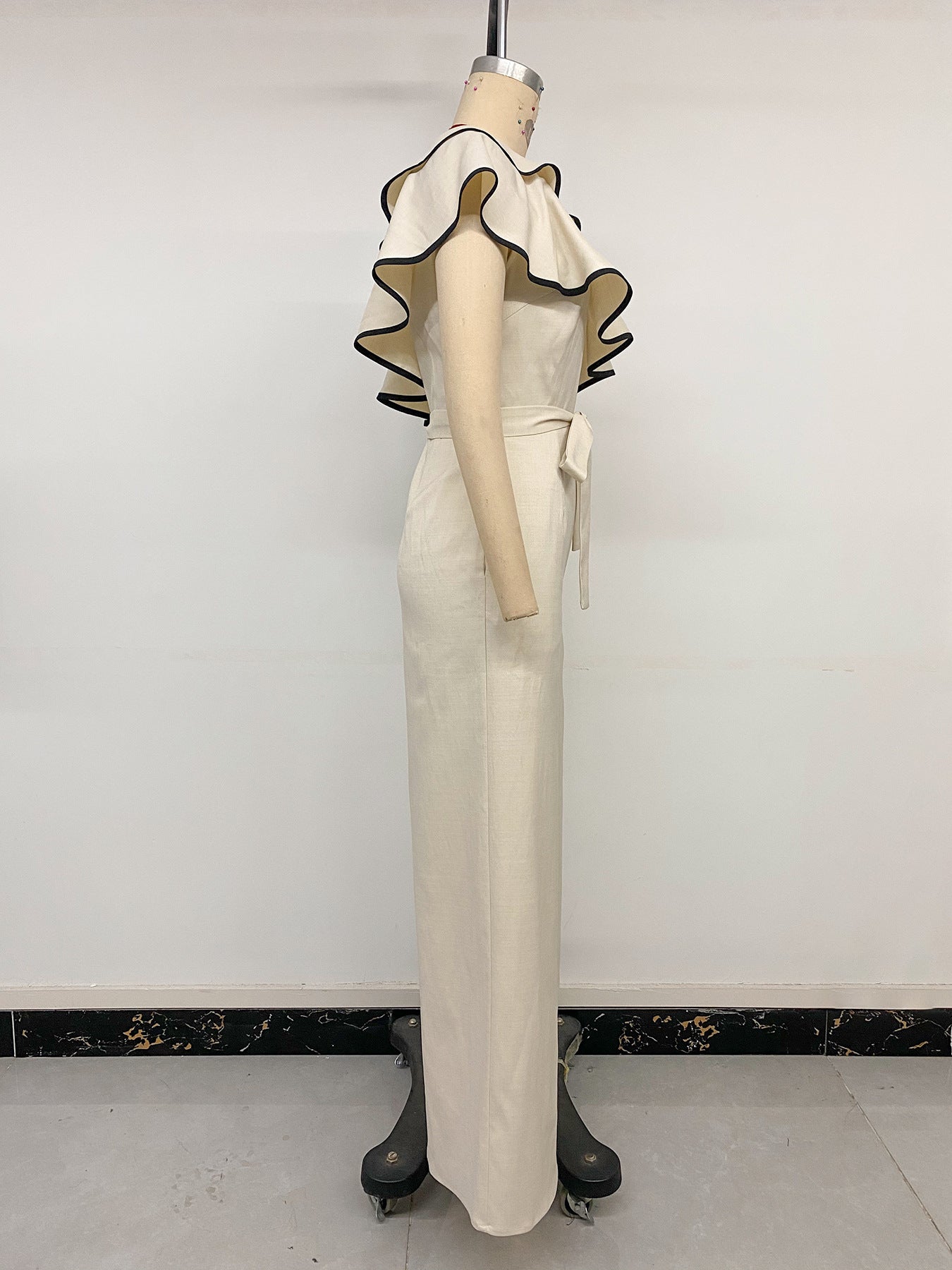 Women One Shoulder Ruffle Jumpsuit Wide Leg High Waist Tie Waist