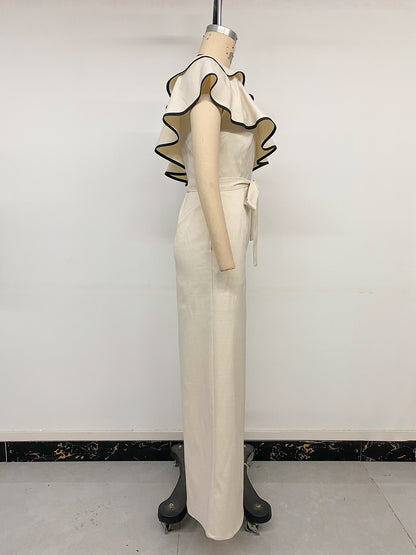Women One Shoulder Ruffle Jumpsuit Wide Leg High Waist Tie Waist