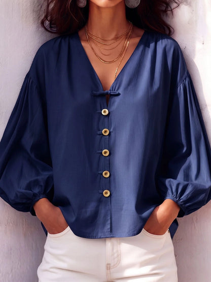 Women's V Neck Balloon Sleeve Button Front Blouse