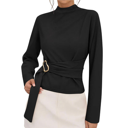 Burgundy Belted Mock Neck Slim Fit Long Sleeve Top